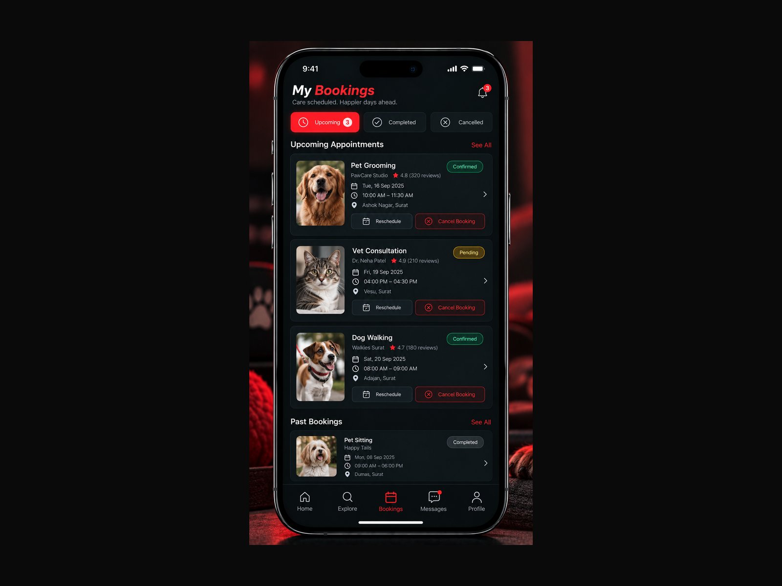 My Bookings — upcoming appointments with status badges, reschedule, and cancel actions