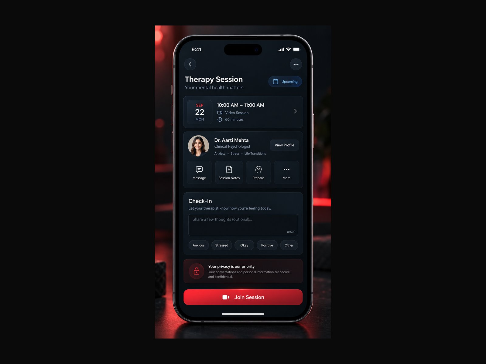 Therapy Session — schedule details, therapist profile, mood check-in, and Join Session